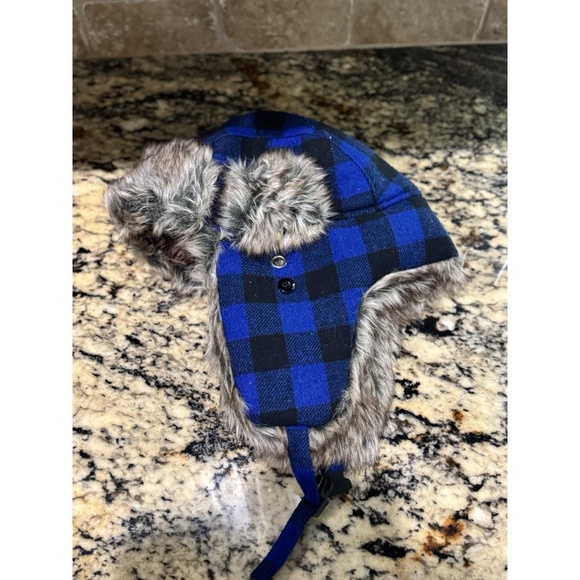 Blue Plaid Trapper Hat with Faux Fur - Picture 1 of 5